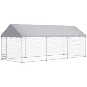 Outdoor Dog Kennel w/ Adjustable & Rotatable Bowl Rack, Waterproof UV-Resistant Cover, Secure Lock, 19.7' x 7.5' x 7.5' (Option: Silver-1285x410x290 mm)